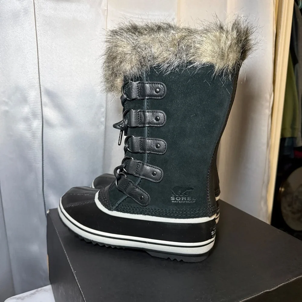 Sorel Joan of Arctic Boots Women 6.5 Black Waterproof Insulated Faux Fur Suede